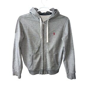 Polo Ralph Lauren w/Logo Gray Double-Knit Hoodie Full Zip Sweater Mens Sz Medium